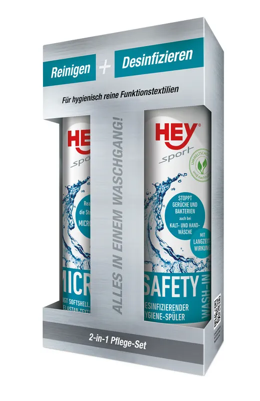 Verpackung des Micro Wash & Safety Wash-in Sets mit zwei Flaschen Waschmittel für Textilien.