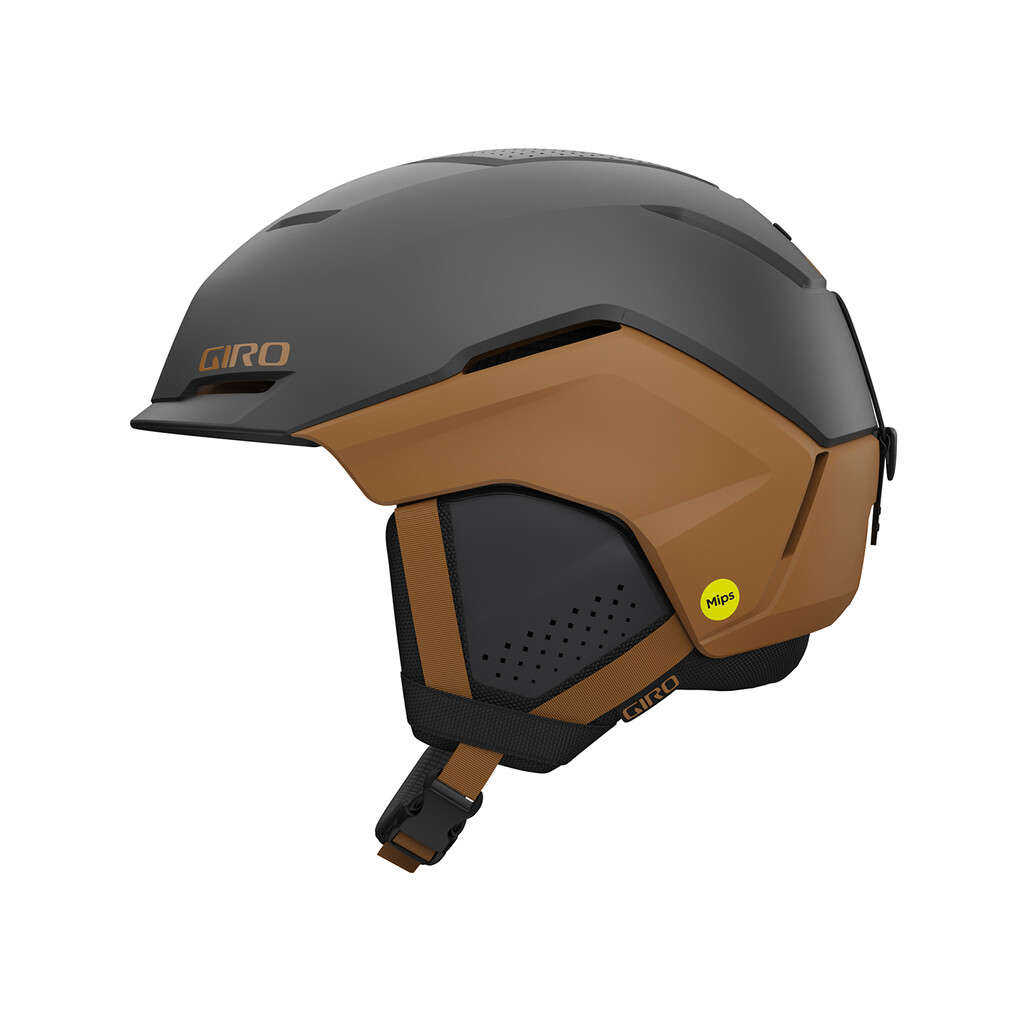 Giro Tenet MIPS Skihelm, Metallic Coal/Tan, Seitenansicht. Kinnriemen und Belüftungslöcher sichtbar.