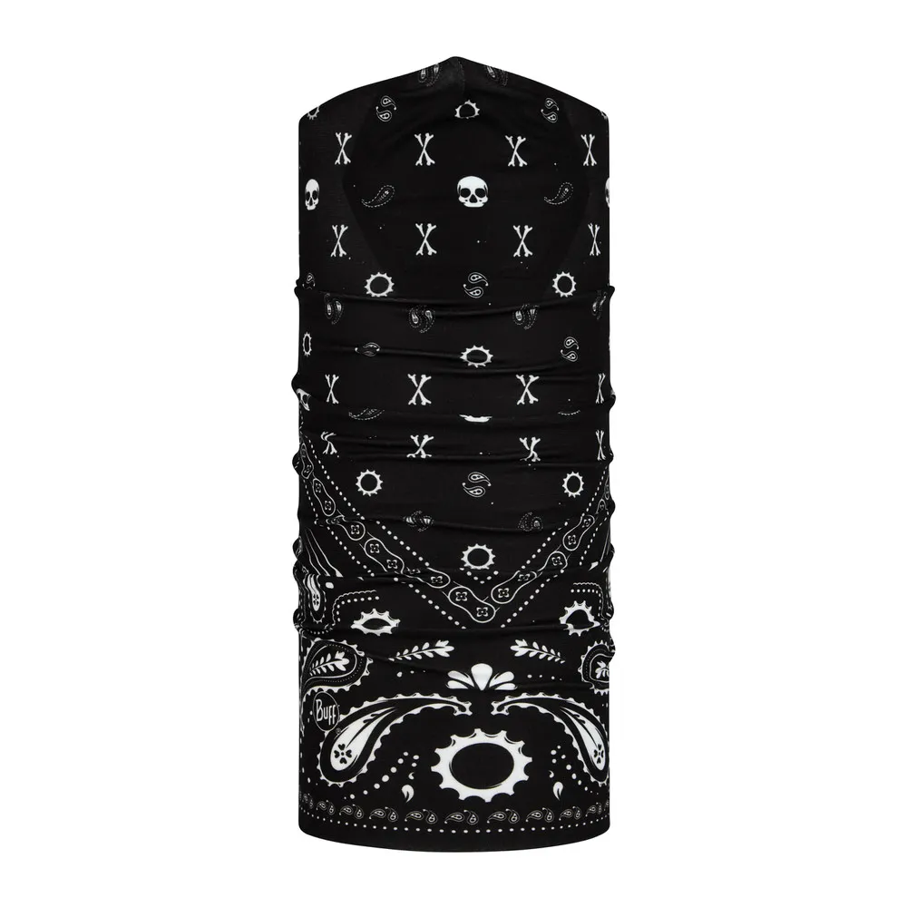 Schwarzer Buff Filter Tube mit weißem Muster aus Totenköpfen, Knochen und Paisley.
