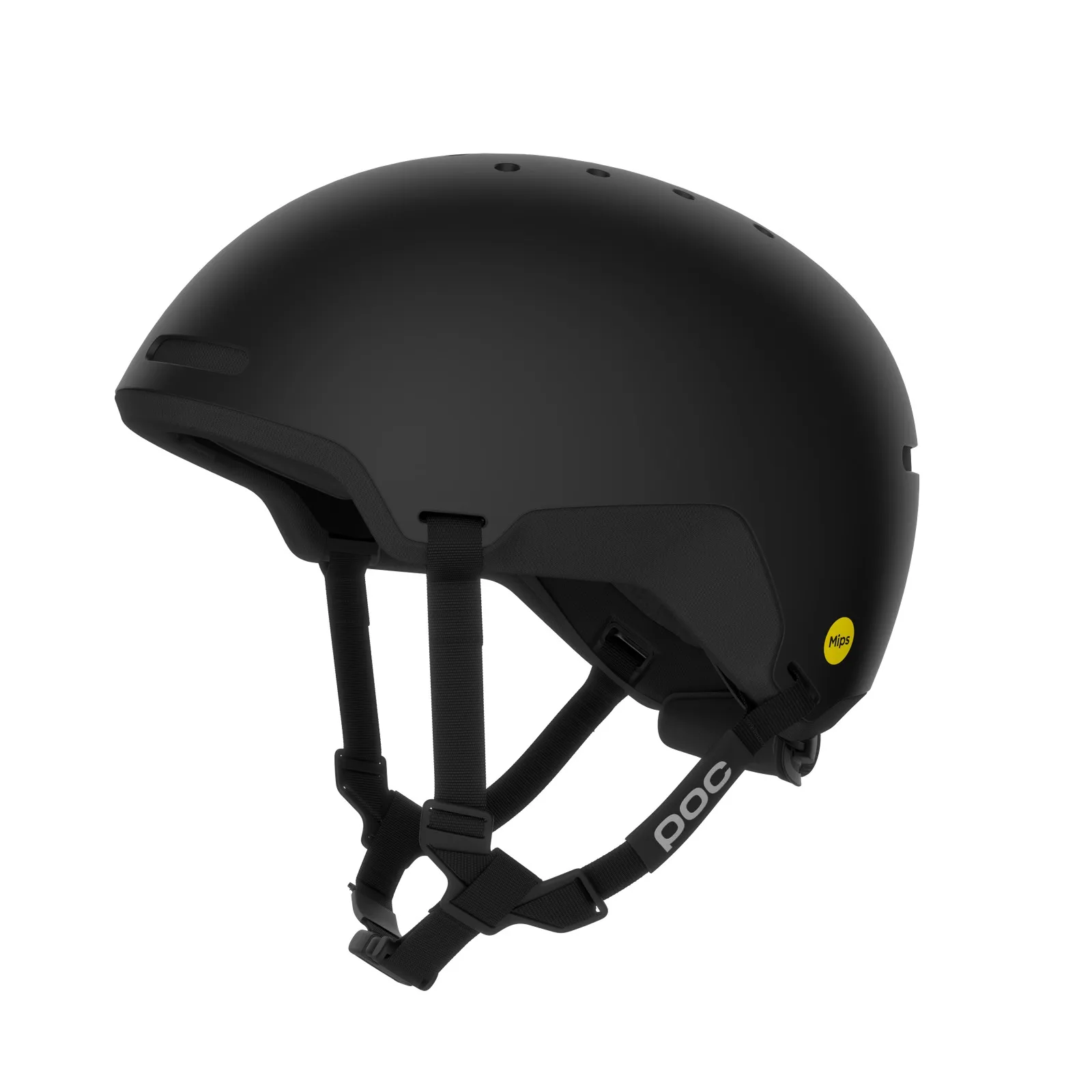 Schwarzer POC Calyx Helm, multifunktional für Ski, Bergsteigen und Radfahren. Gurte und Mips-Sicherheitsaufkleber sichtbar.