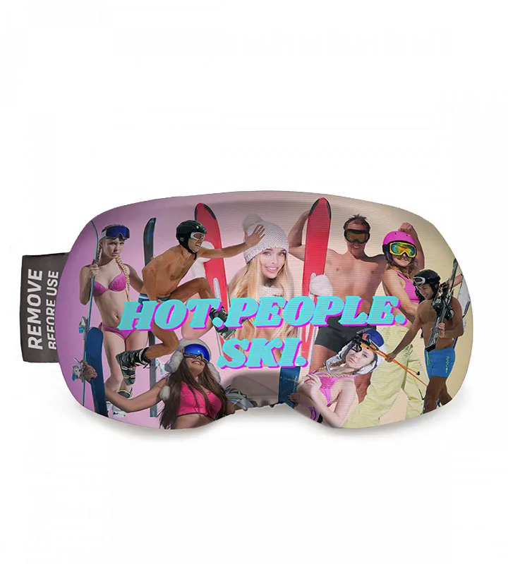 Skibrille mit Aufdruck von leicht bekleideten Menschen, die Skier und Stöcke halten. Textaufdruck: "HOT PEOPLE SKI".