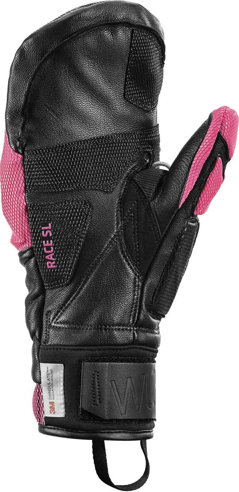 Nahaufnahme eines schwarzen Leki WCR Venom SL 3D Mitt Handschuhs mit pinken Details.