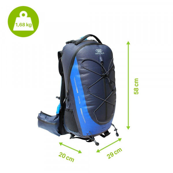 Wasserdichter Rucksack 35L Blauer, wasserdichter Rucksack (35L) mit Trinksystem, seitlicher Netztasche und Gummizug. Größenangaben sind im Bild zu sehen.
