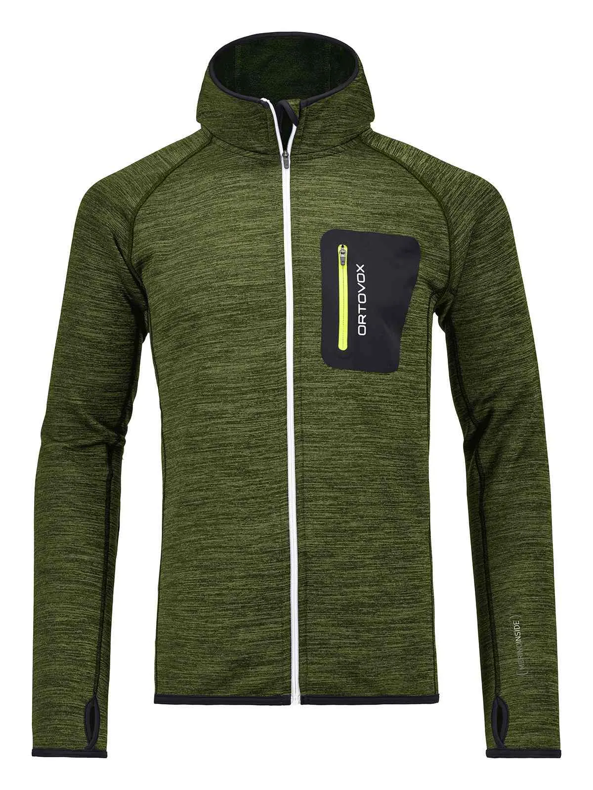 Matcha grüner Ortovox Fleece Hoody mit weißem Reißverschluss und schwarzer Brusttasche mit gelbem Reißverschluss.