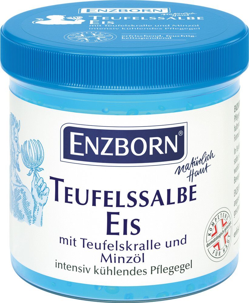 Dose Teufelssalbe Eis: Blau-weisse Verpackung mit Produktinformationen und Teufelskrallen-Illustration.