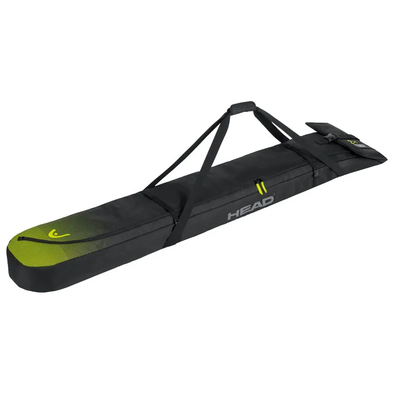 Schwarze Head Double Skibag 2022 mit Tragegurten und gelben Details.