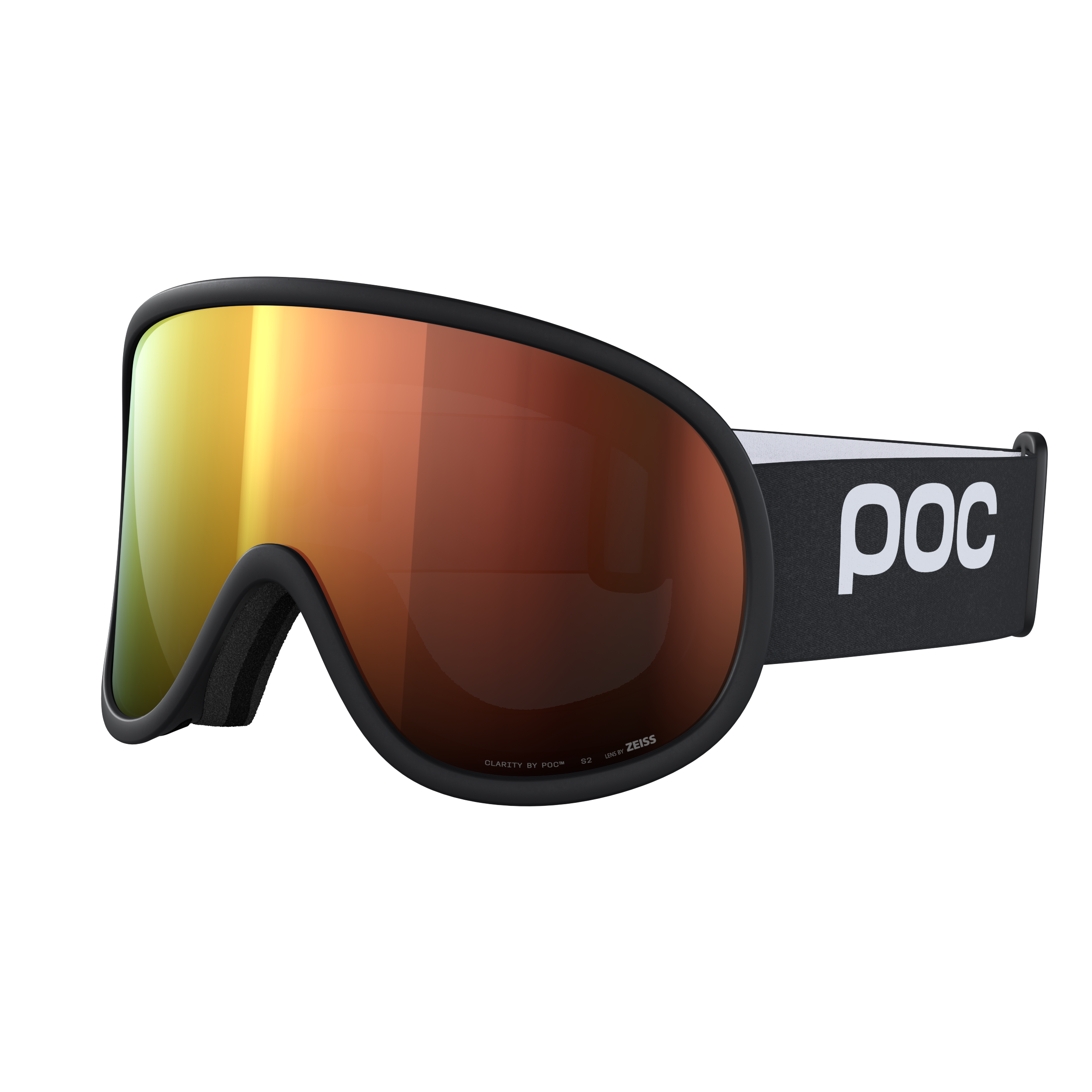 Skibrille POC Retina in Schwarz mit orangefarbener, verspiegelter Linse und weißem Logo am Band.