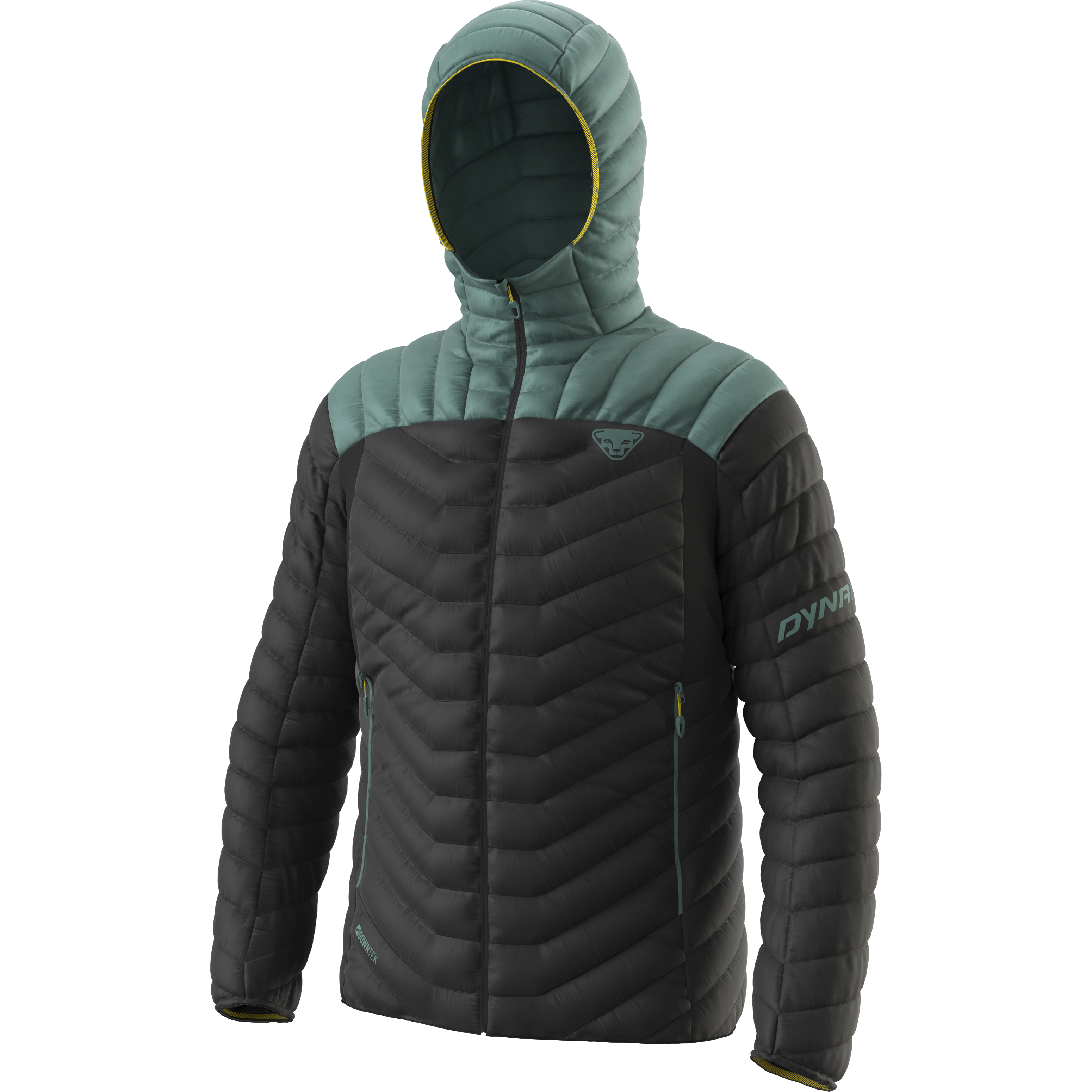 Schwarze Dynafit Ridge Ultralight Daunenjacke mit Kapuze. Brust- und Kapuzenbereich sind mintgrün.