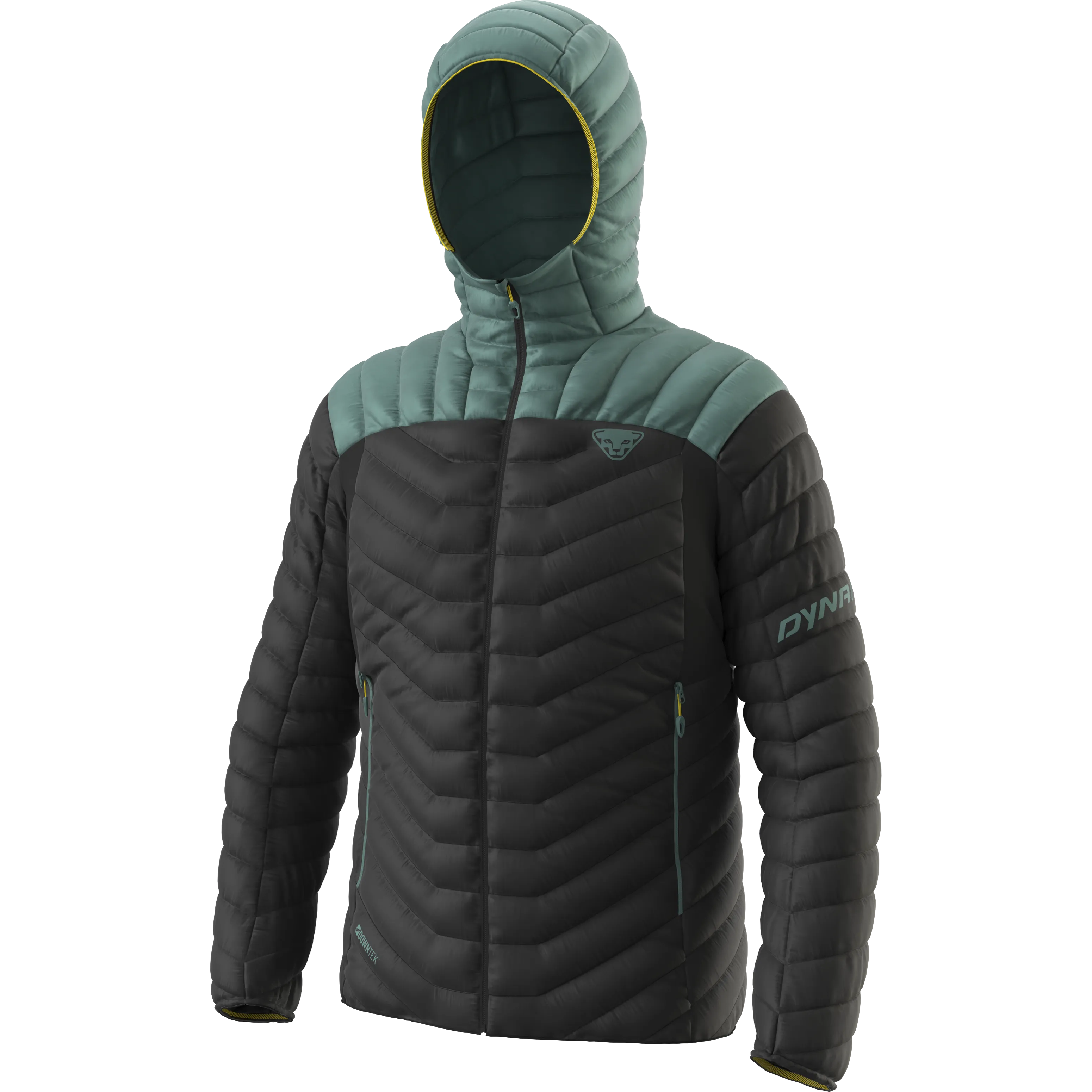 Schwarze Dynafit Ridge Ultralight Daunenjacke mit Kapuze. Brust- und Kapuzenbereich sind mintgrün.
