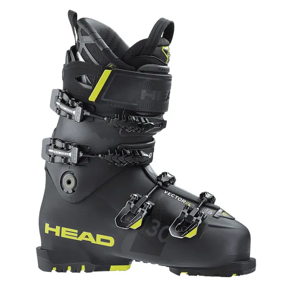 Ein schwarzer Skischuh der Marke Head mit gelben Akzenten und vier Schnallen.