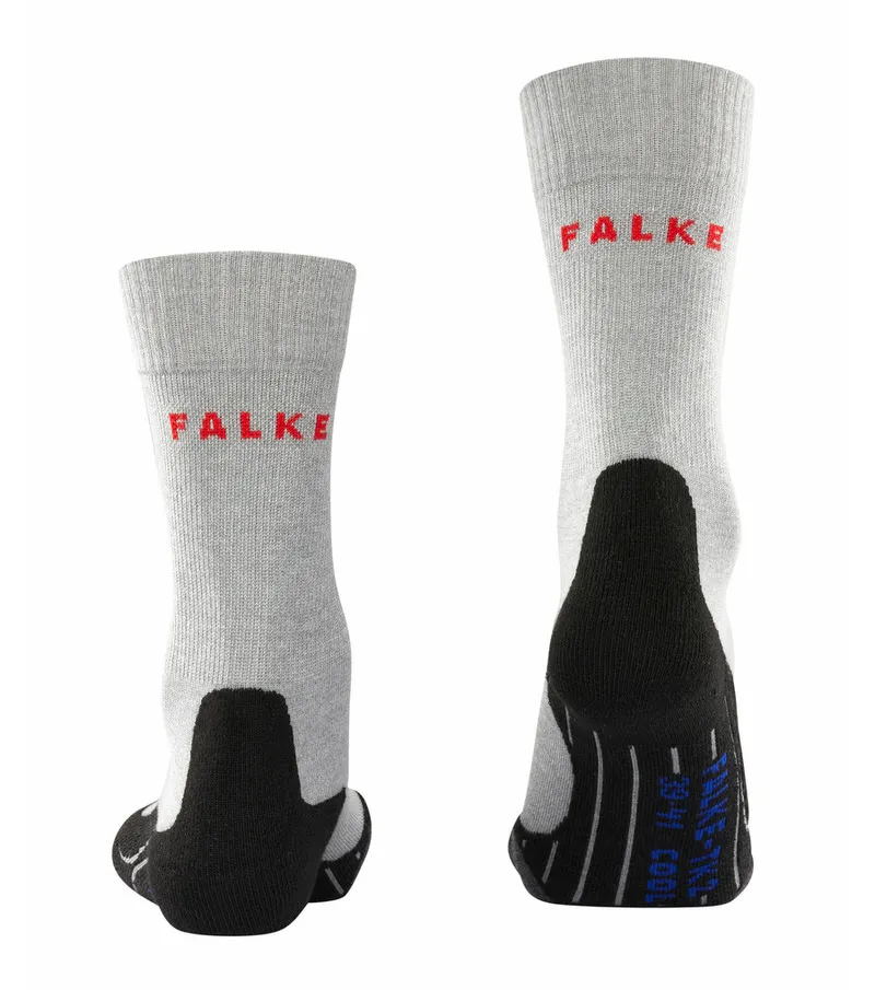 Graue TK2 Cool Damen Trekking Socken, Falke Logo rot, verstärkter, schwarzer Fersen- und Zehenbereich.