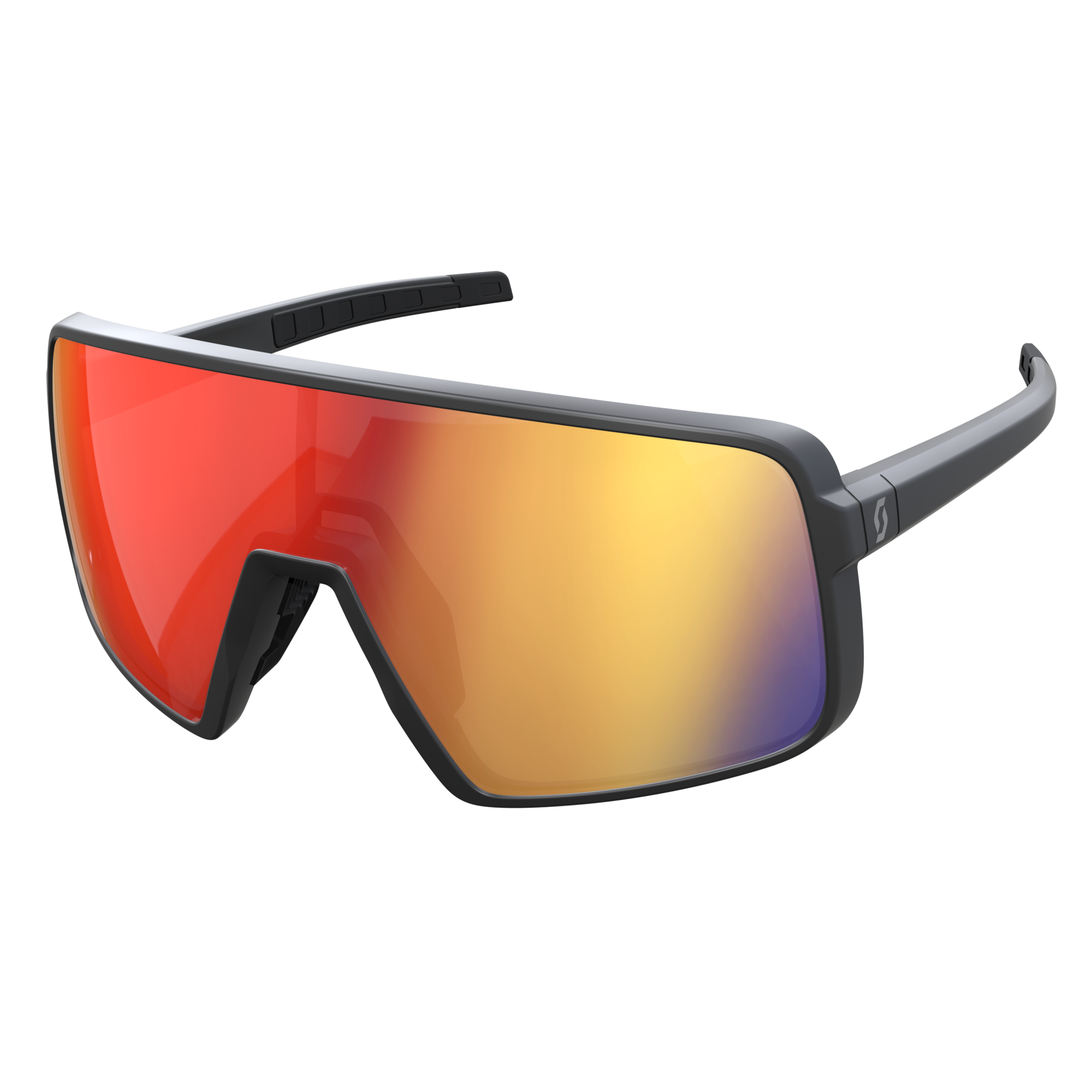 SCOTT Torica Sonnenbrille mit schwarzem Rahmen und rot-chromfarbenen, getönten, torischen Gläsern.