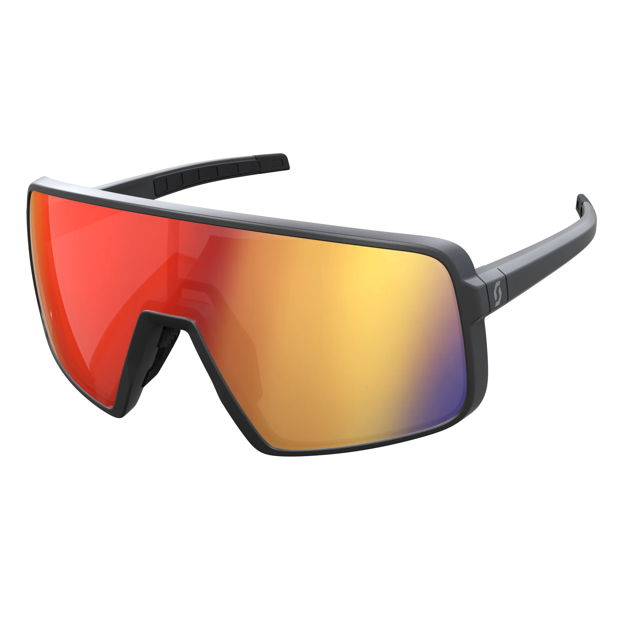 SCOTT Torica Sonnenbrille mit schwarzem Rahmen und rot-chromfarbenen, getönten, torischen Gläsern.