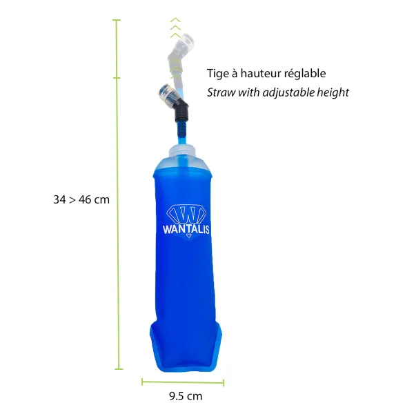 Blaue Trinkflasche der Running Trinkweste mit Trinkschlauch und Maßangaben für Höhe und Breite.