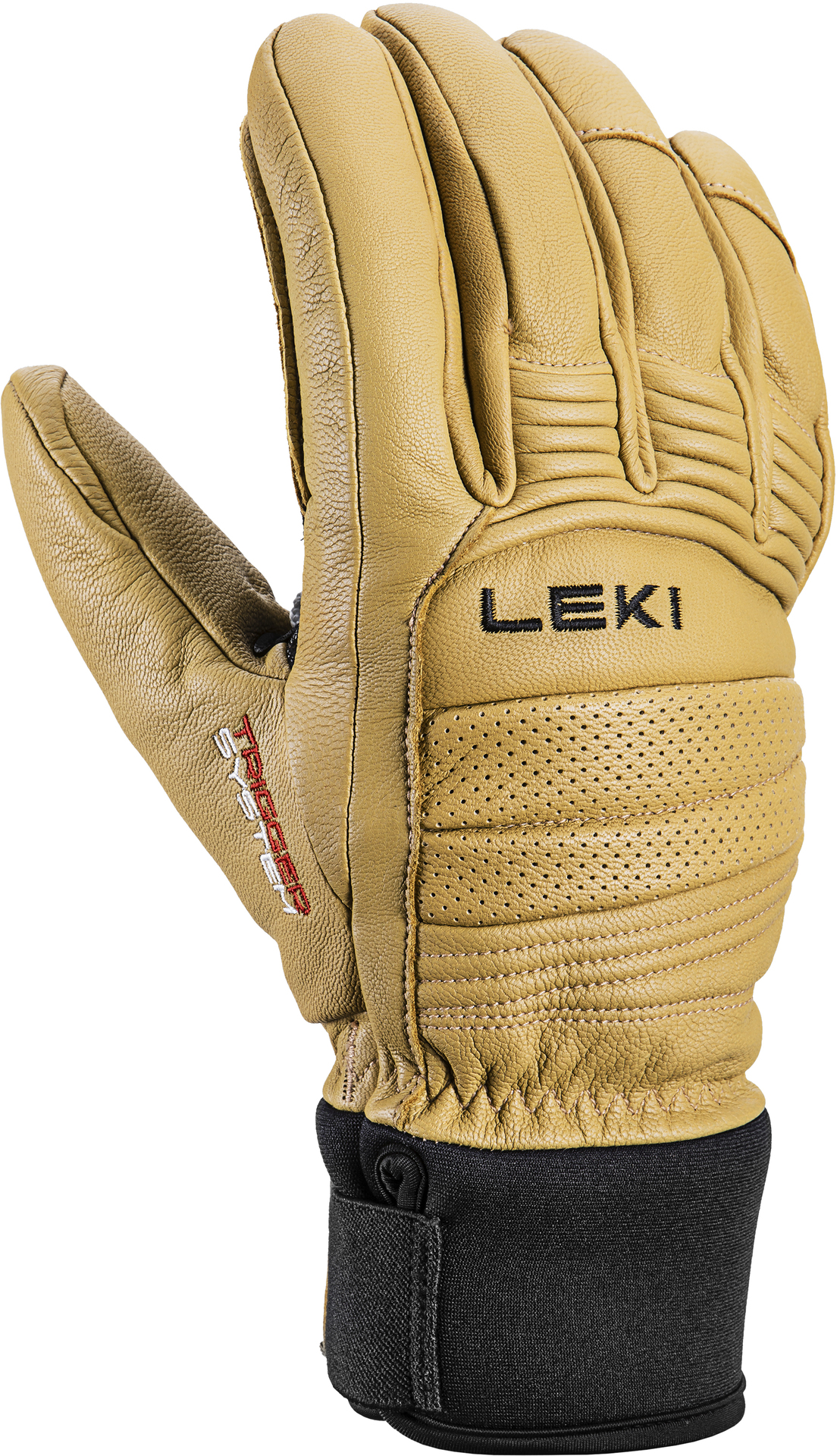 Nahaufnahme eines Leki Copper 3D Pro Handschuhs in Braun- und Schwarztönen. Die Marke Leki ist auf dem Handschuh abgebildet.