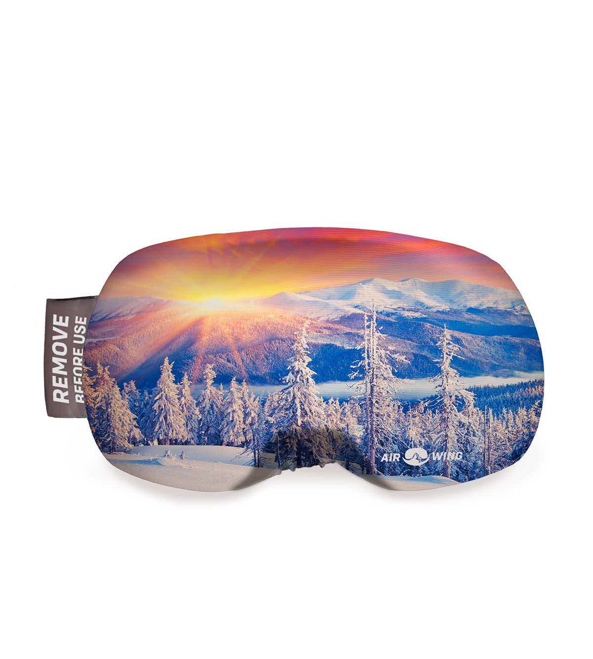Skibrille mit Berglandschaft, Sonnenuntergang und Schnee.