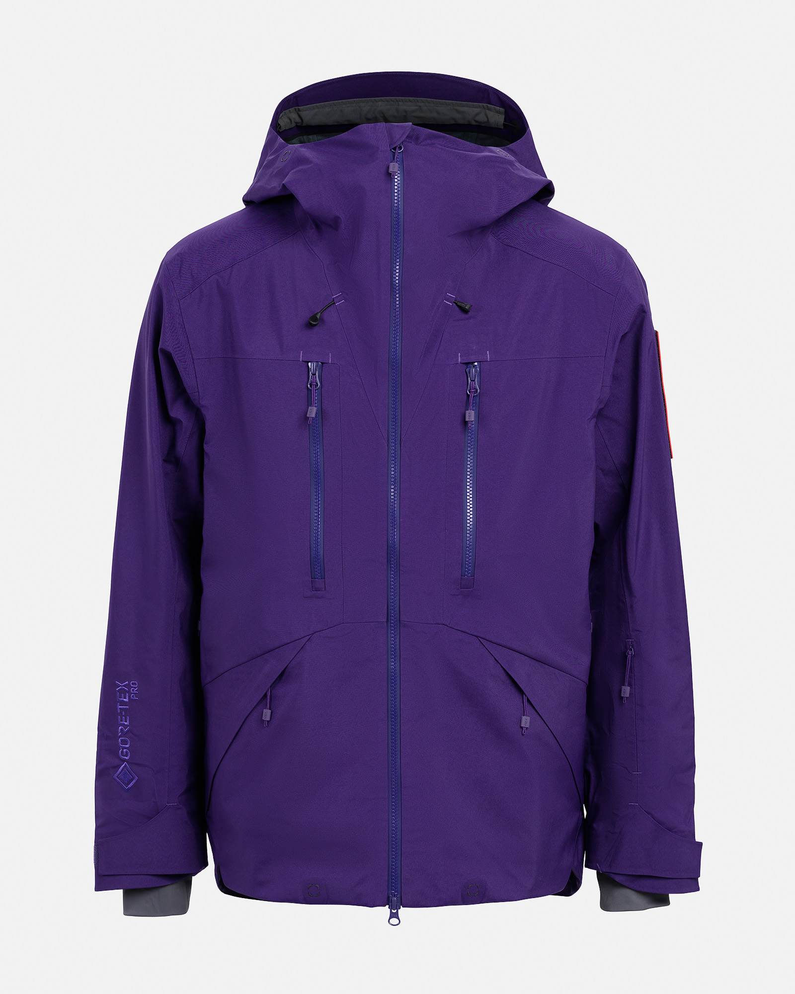Lila GORE-TEX EPE 3L Shell Jacket mit Kapuze und Reißverschlüssen auf weißem Hintergrund.