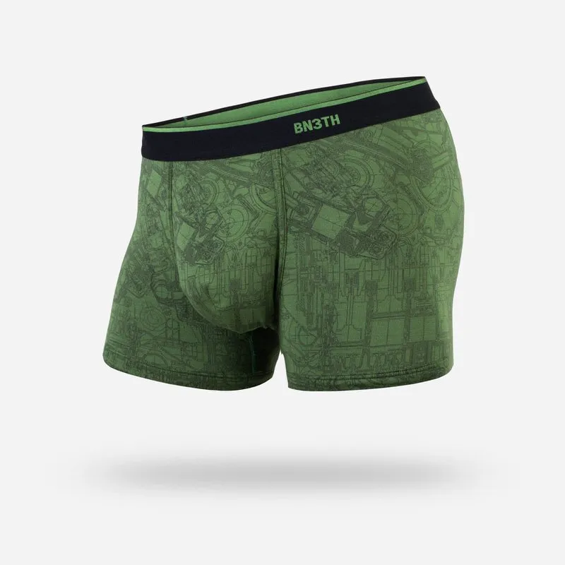 Grüne BN3TH Classic Trunk Unterhose mit schwarzem Bund und Muster technischer Zeichnungen.