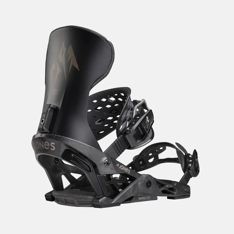 Dunkelgraue Jones Apollo Pro Snowboardbindung, seitliche Ansicht. Fokus auf Highback, Straps und Baseplate.