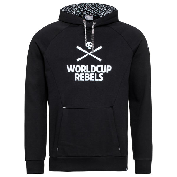 Schwarzer Kapuzen-Hoodie Schwarzer Hoodie mit Kapuze, Kordelzug und weißem "Worldcup Rebels"-Logo mit Totenkopf und gekreuzten Skiern.