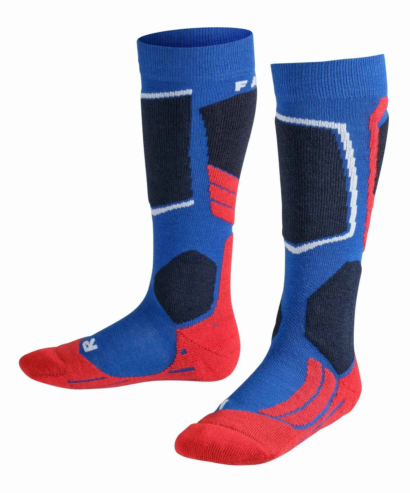 Blau-rote SK2 Kinder Skiing Kniestrümpfe mit Polsterung.