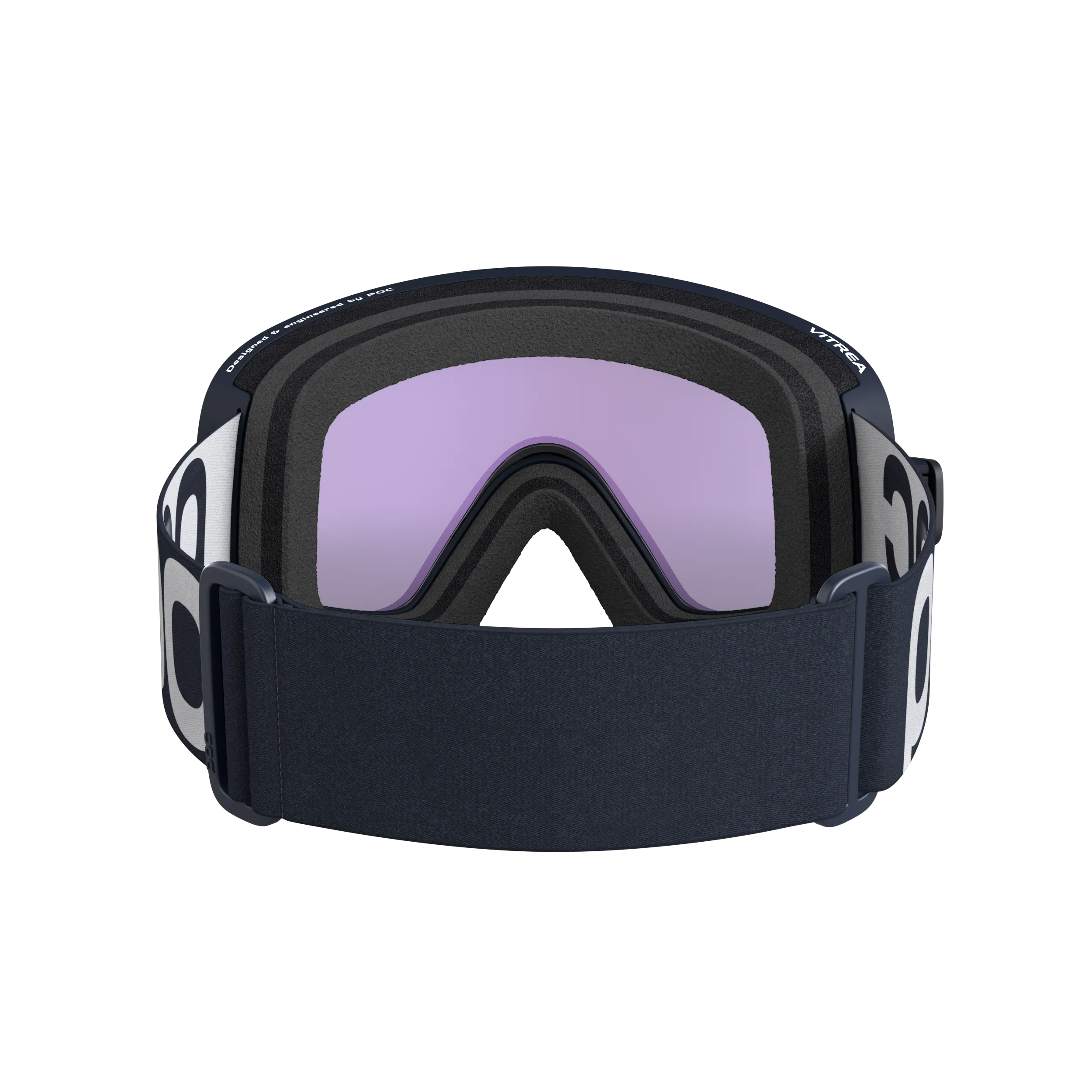 Frontansicht der POC Vitrea Skibrille in Apatite Navy mit Partly Sunny Blue Linse und breitem, dunklem Kopfband.
