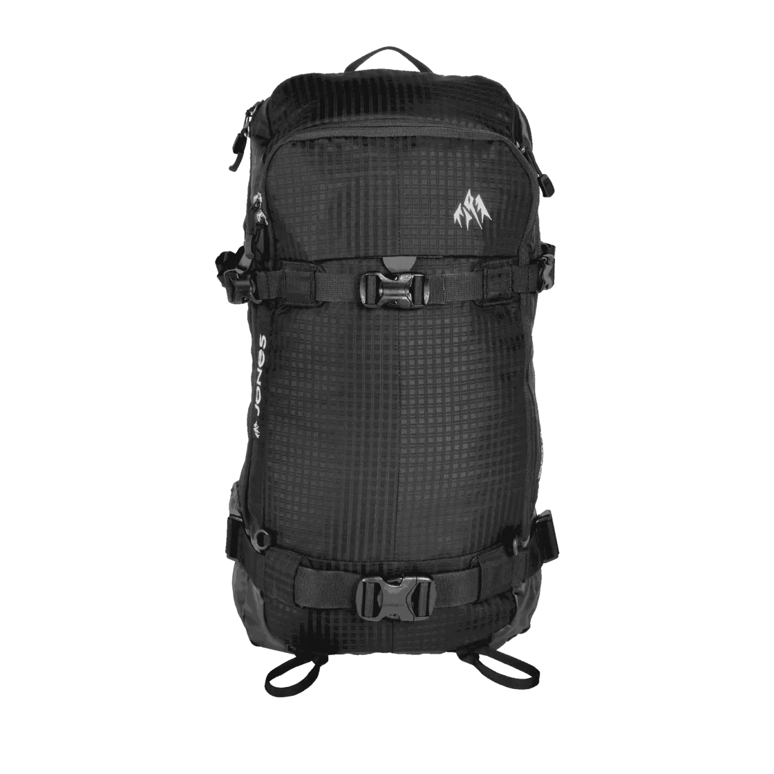 Schwarzer Jones DSCNT 32L Rucksack, frontal, mit Schnallen und Gurten, mit Logo oben rechts.