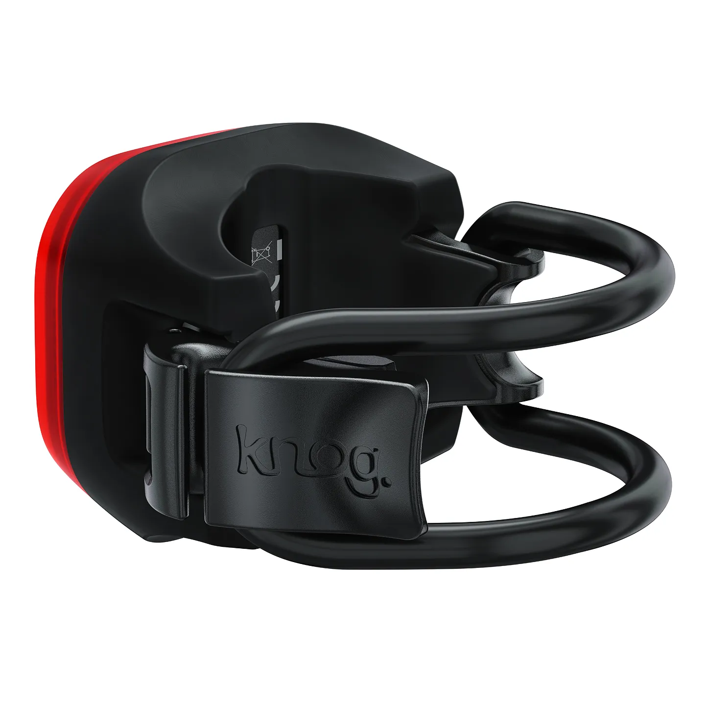Schwarzes Knog Blinder Mini Skull Rücklicht mit rotem Leuchtband und flexibler Halterung.