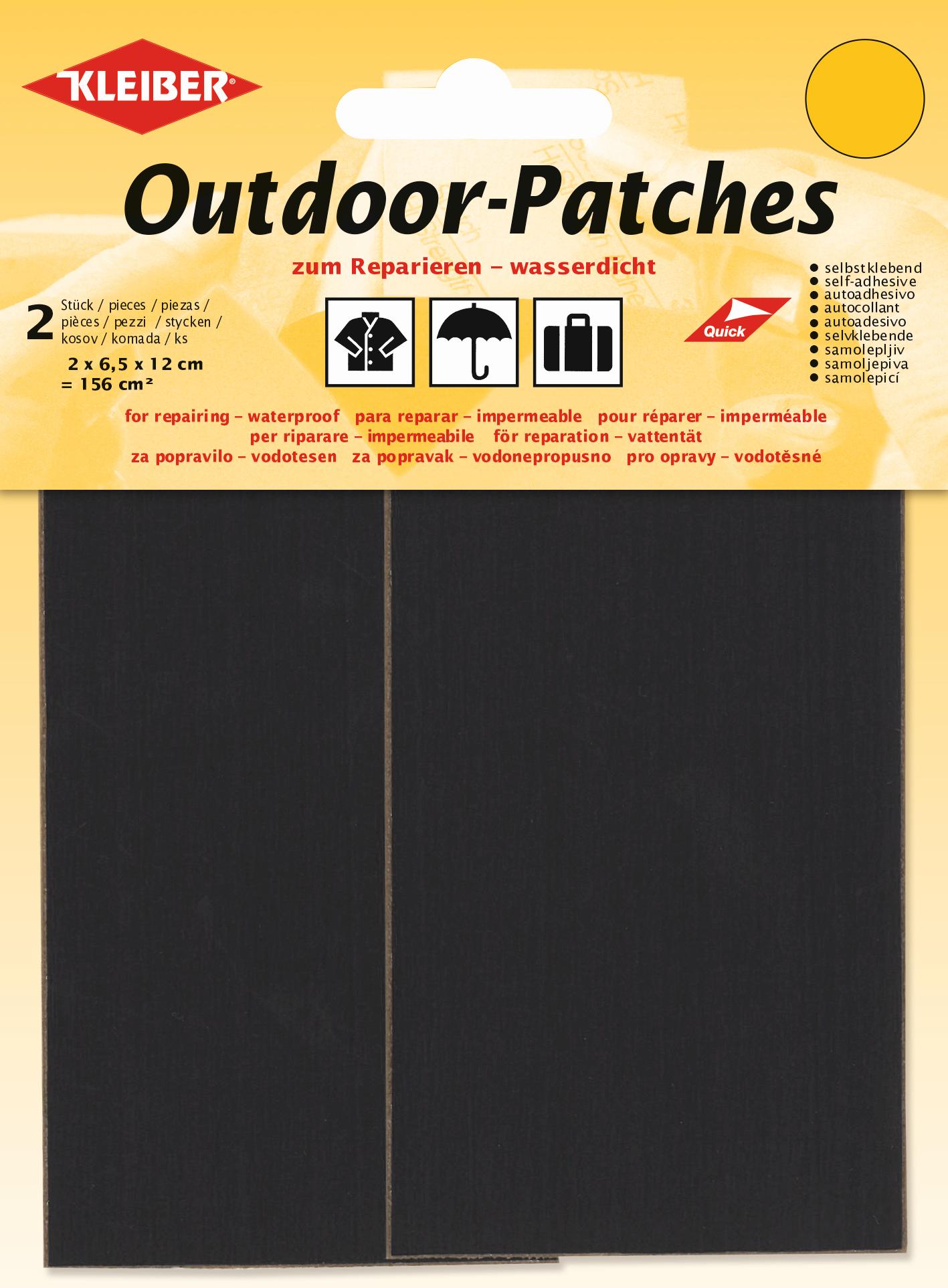 Verpackung selbstklebender, wasserdichter, schwarzer Outdoor-Patches zur Reparatur von Outdoor-Bekleidung und Camping-Artikeln.