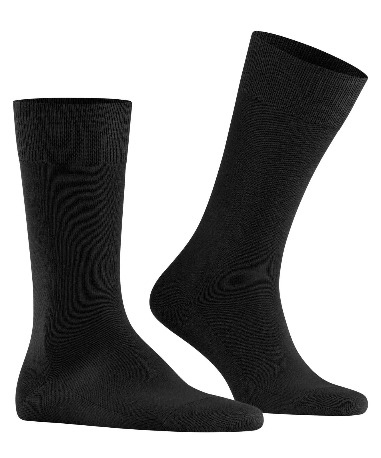 Zwei schwarze FALKE Family Socken, eine stehend, eine liegend, vor weißem Hintergrund.