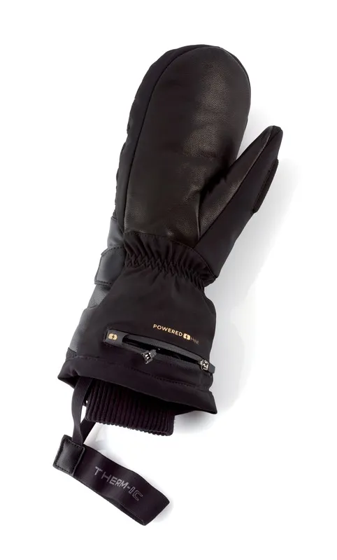 Schwarzer Therm-ic Ultra Heat Fäustling für Damen, mit Leder, Reissverschluss und Marken-Logo.
