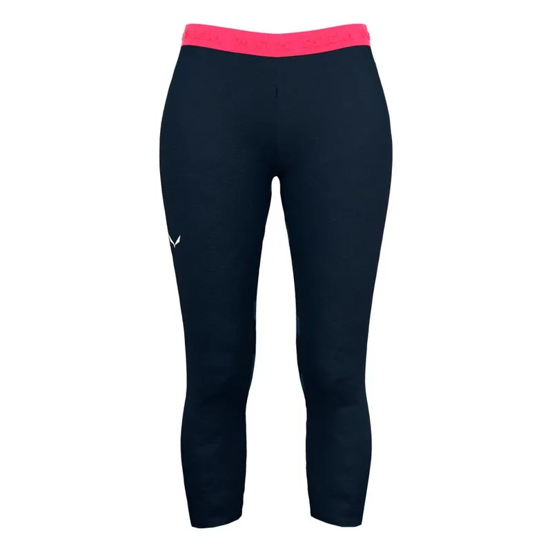 Marineblaue 3/4-Tight für Damen mit pinkfarbenem Bund und kleinem, weißem Salewa-Logo am linken Bein.