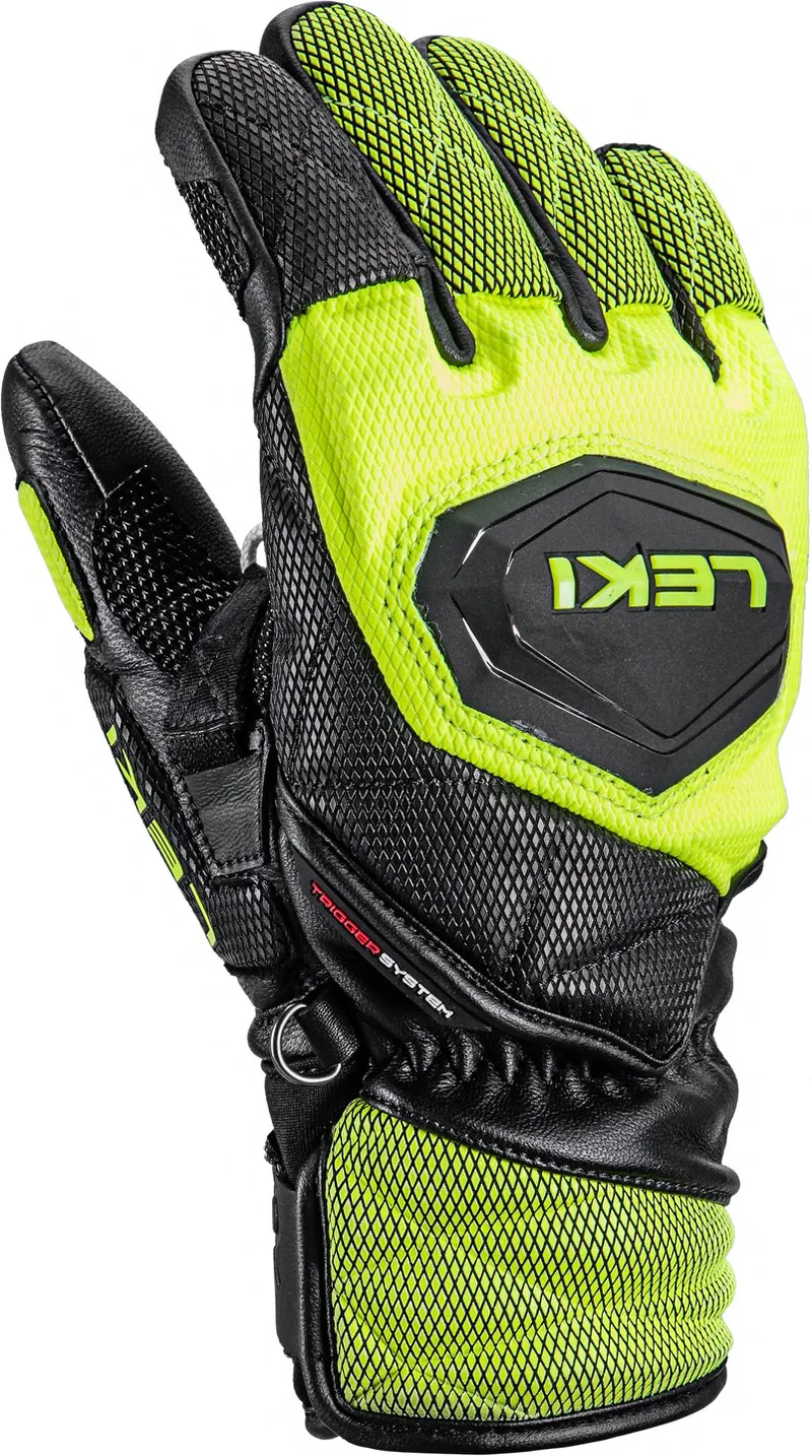Nahaufnahme des Leki WCR Venom 3D Junior Handschuhs in Schwarz und Eisgrün, Handfläche nach oben.