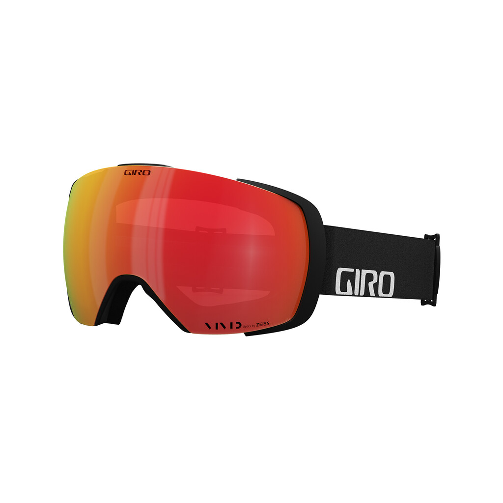 Schwarze Giro Contact Vivid Goggle mit roter Scheibe und Logo am Band.