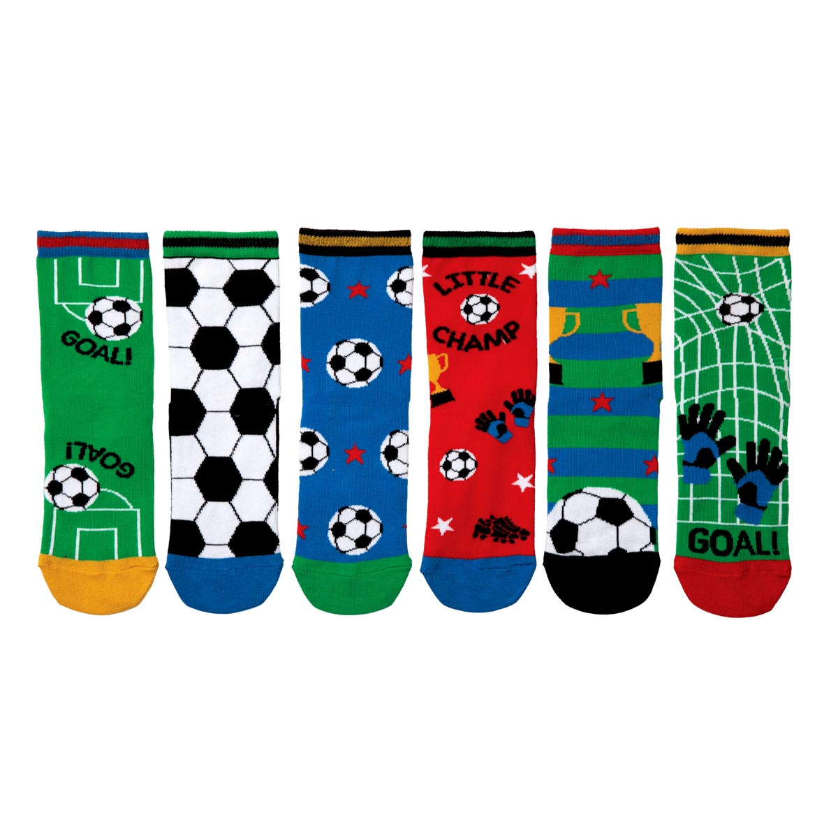 Sechs bunte, gemusterte 'Little Champ' Kindersocken mit Fußballmotiven.
