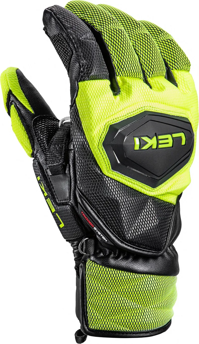 Nahaufnahme des Leki Venom SL 3D Rennhandschuhs in Schwarz und Ice-Lemon mit Logo und Netzstruktur.