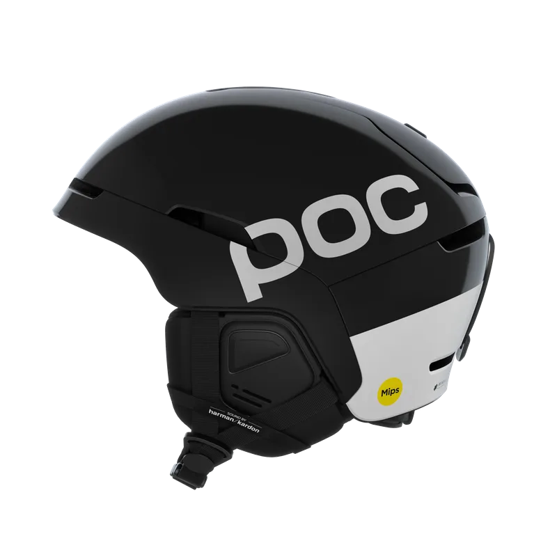 Schwarzer Obex Connect Skihelm mit weißem POC Logo und Harman Kardon Sound System seitlich, Mips Aufkleber.