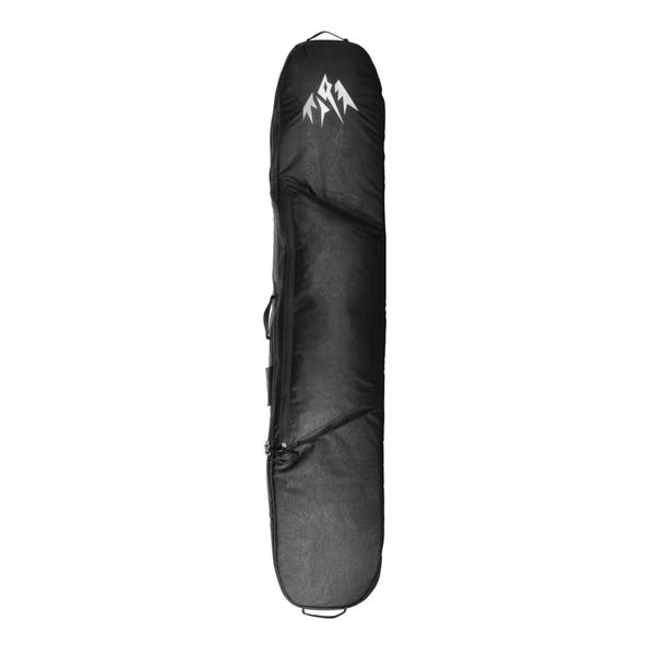Schwarze Snowboardtasche Schwarze Snowboardtasche, vertikal, mit weißem Logo oben. Reißverschluss und Tragegriffe sichtbar.