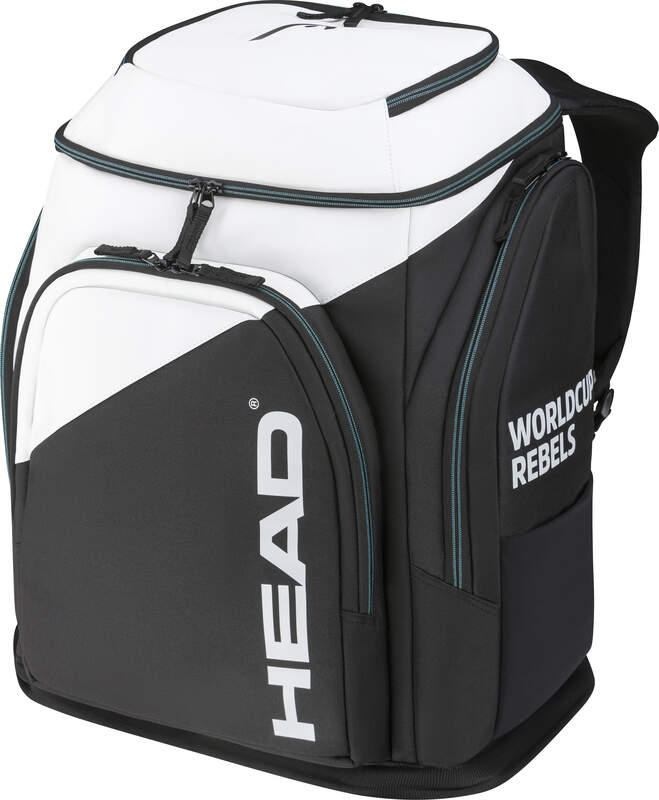 Schwarz-weißer Head Rebels Racing Backpack S mit Reißverschlüssen und Tragegurten. Aufdruck: "HEAD" und "Worldcup Rebels".