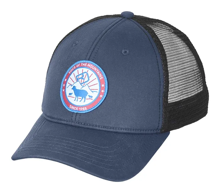 Night Blue Ortovox Trucker Cap mit Mesh-Einsatz und rundem Logo-Patch mit Schafmotiv.