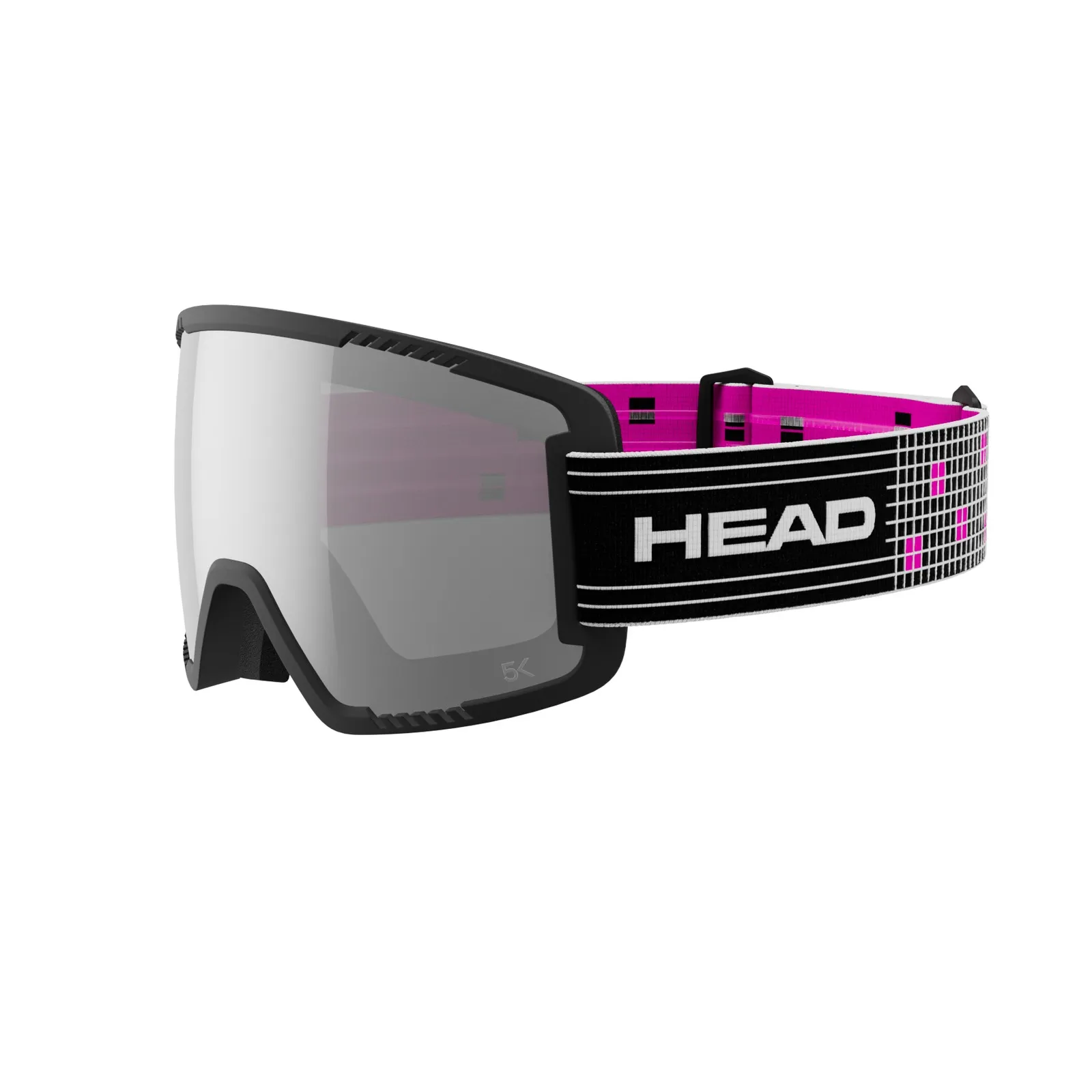 Rote Head CONTEX PRO 5K RACE VIS Skibrille mit grau getönter Scheibe und pink-schwarzem Band.