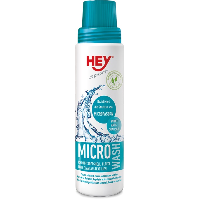 Microfaser-Waschmittel-Flasche Weiße Flasche mit blauem Deckel und Aufdrucken für Microfaser-Waschmittel.
