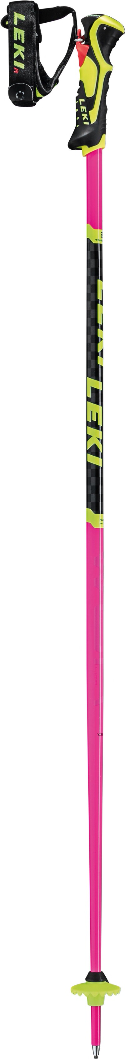 Neonpinker Leki WCR Lite SL 3D Junior Skistock mit schwarzem Griff und gelben Akzenten.