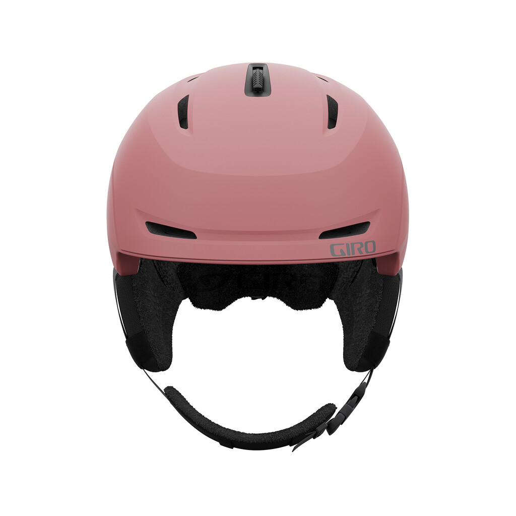 Matter roséfarbener Giro Avera MIPS Skihelm von vorne. Belüftungsöffnungen und Ohrenschützer sind sichtbar.