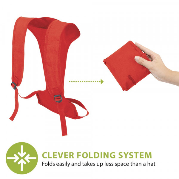 Roter Skiback Kids: Tragegestell für Ski als Rucksack und gefaltete Tasche in einer Hand.