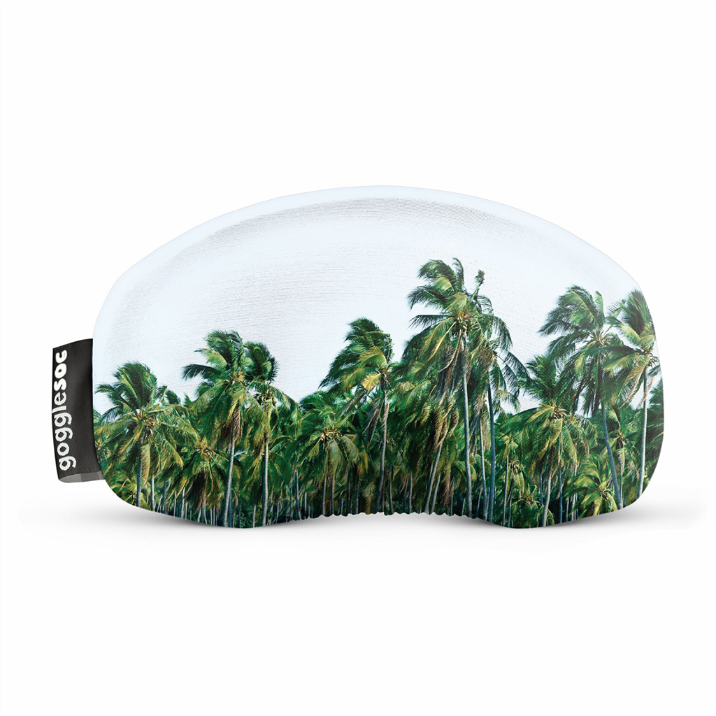 Palmensoc Gogglesoc Gogglesoc Palm Soc mit Palmenmuster auf weißem Hintergrund, seitliches Logo-Etikett.