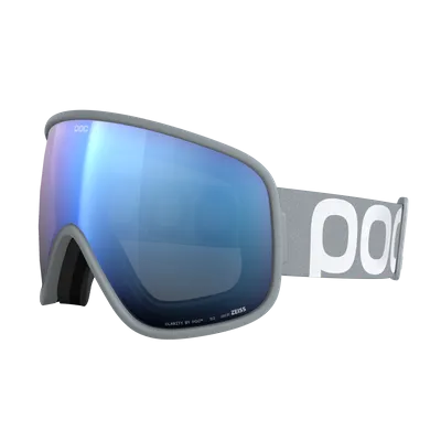 Graue Skibrille mit bläulich-verspiegelter Linse und weißem Band mit grauer Schrift.