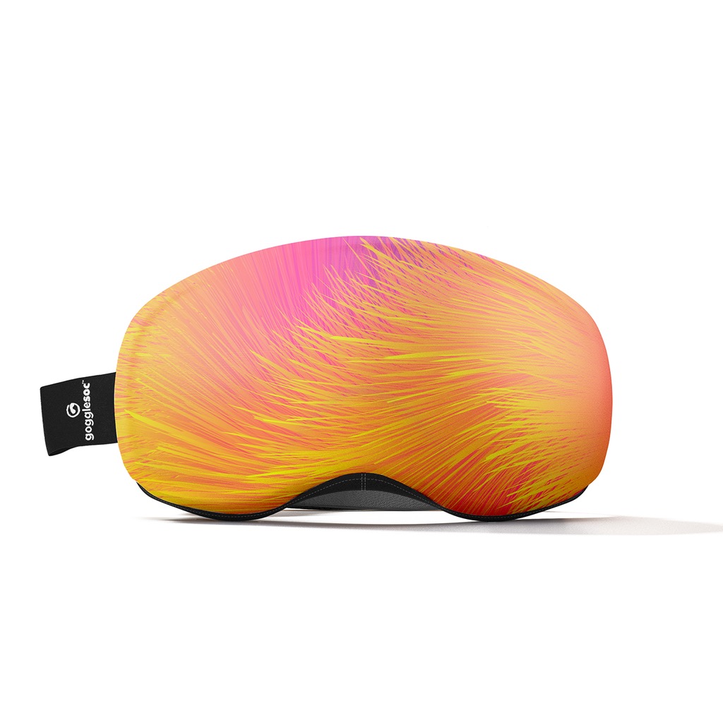 Monster Fur Brillenüberzug Gelb-pinkfarbener Monster Fur Pro Soc, ein Brillenüberzug, liegt vor einem weißen Hintergrund. Auf dem seitlichen Band ist das Logo von gogglesoc.