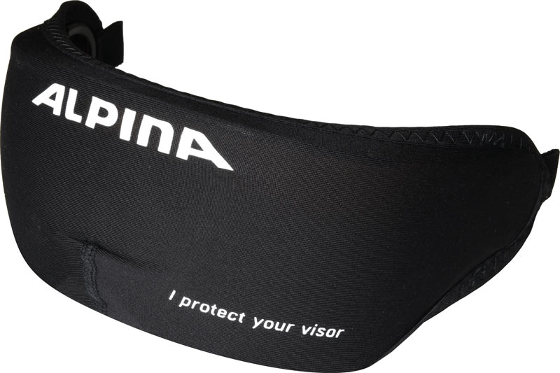 Alpina Visierschutz Cover Schwarzes Alpina Visierschutz Cover mit weißem "ALPINA" Schriftzug und Text "I protect your visor" für Skihelme.