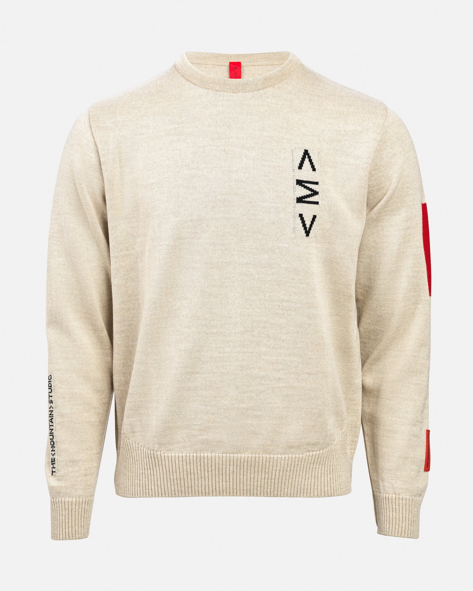 Cremefarbener K-3 ST Ski Sweater mit Rundhals und Intarsia-Strickmuster auf der Brust und roten Akzenten an Kragen und Ärmeln.